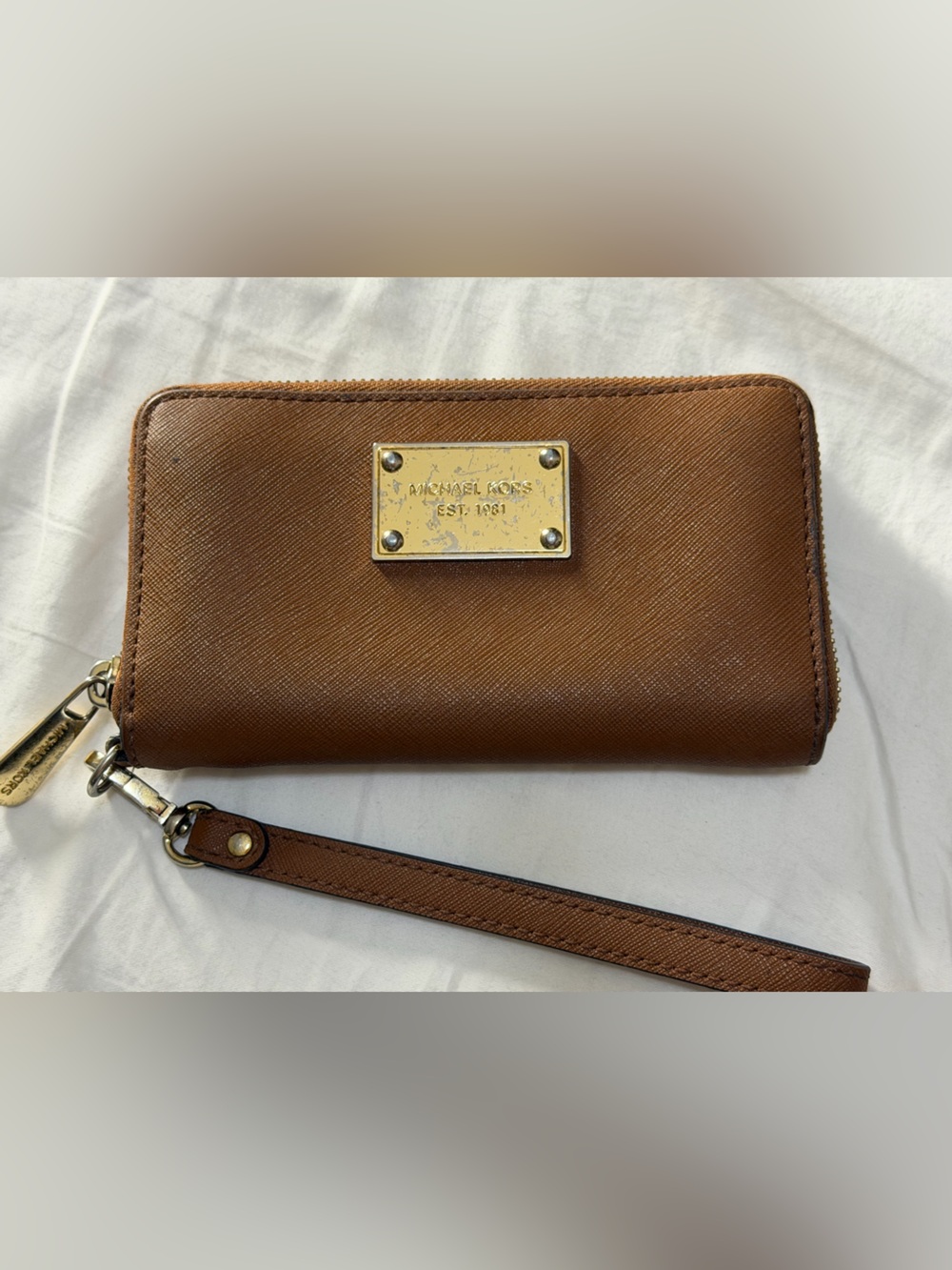 Michael Kors Gold Logo Plate on Brown Saffiano Leather